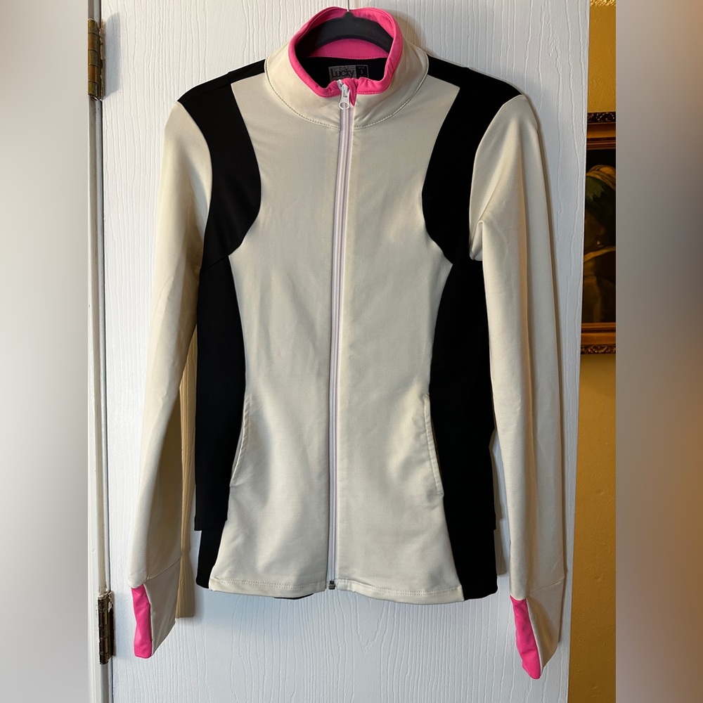 Lucky In Love full zip tennis jacket. Cream and black, size Small- 4-6